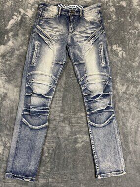 GSTR Mens Slim Fit Biker Jeans With Distressed Wash 32